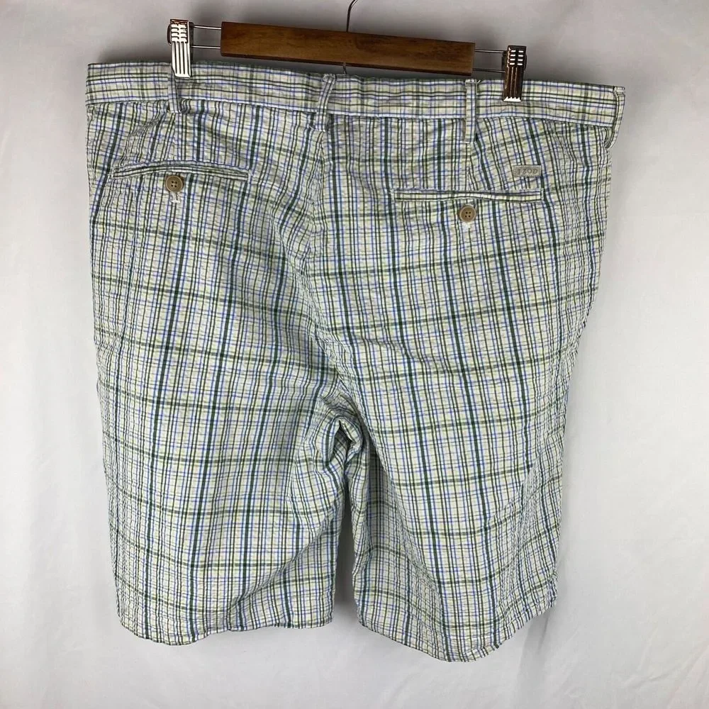IZOD Mens Golf Shorts Blue Green Yellow Check Bermuda Pockets Size‎ 40